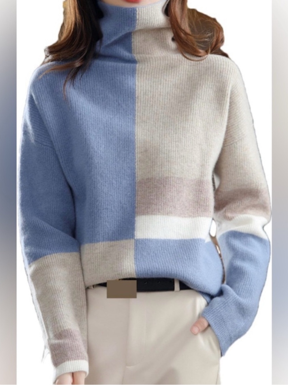 Nordic Colorblock Mock Neck Sweater XL Blue Cream Blush